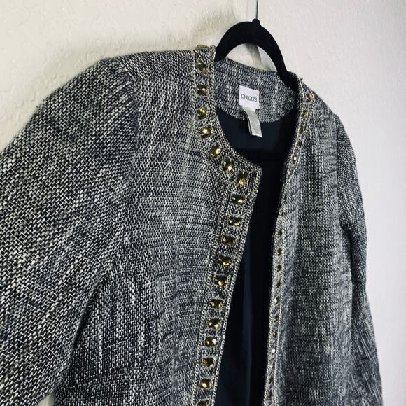 CHICO'S Blazer Jacket Duster Topper Coat Tweed Jeweled‎ Hook Metallic Thread - Picture 9 of 16